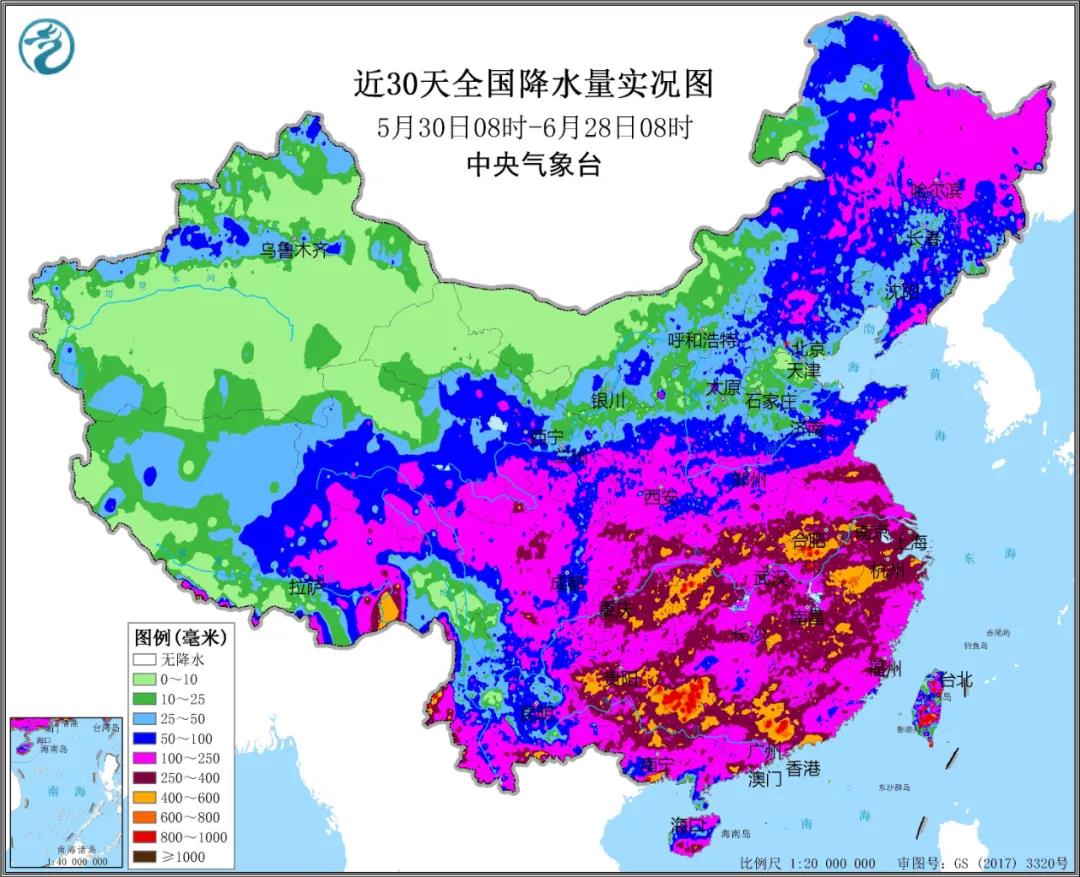 ▲圖為近30天全國降水實況圖。來源：中央氣象臺