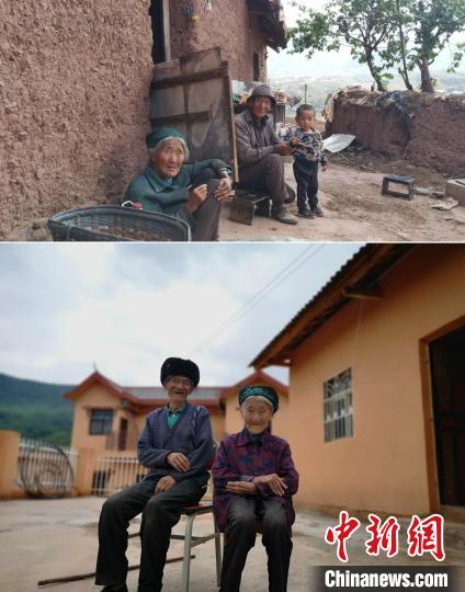 上圖為甲甲溝村村民羅木你坡夫婦所住的舊房，下圖為夫婦倆遷入的新居。(拼版圖) 張浪 攝