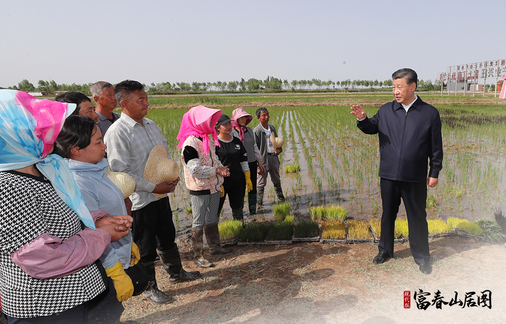 2020年6月9日，習(xí)近平在寧夏回族自治區(qū)銀川市賀蘭縣稻漁空間鄉(xiāng)村生態(tài)觀光園，同正在勞作的村民親切交談。