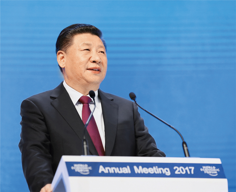 2017年1月17日，習(xí)近平主席在瑞士達(dá)沃斯國際會(huì)議中心出席世界經(jīng)濟(jì)論壇2017年年會(huì)開幕式，并發(fā)表題為《共擔(dān)時(shí)代責(zé)任 共促全球發(fā)展》的主旨演講。